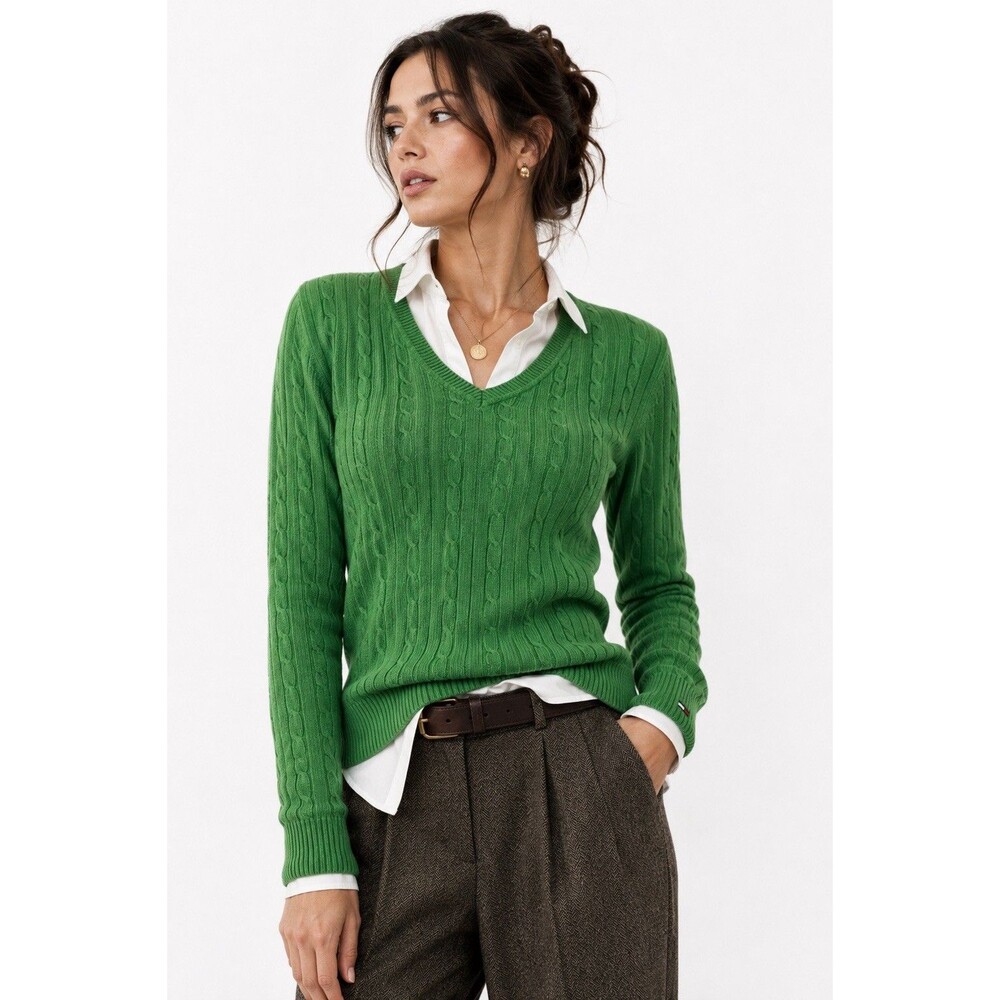 Tommy Hilfiger Green Cable Knit V-Neck Cotton Sweater Women’s M Preppy